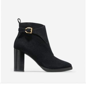 Cole Haan black suede booties, block heel, ankle boot with riding buckle detail